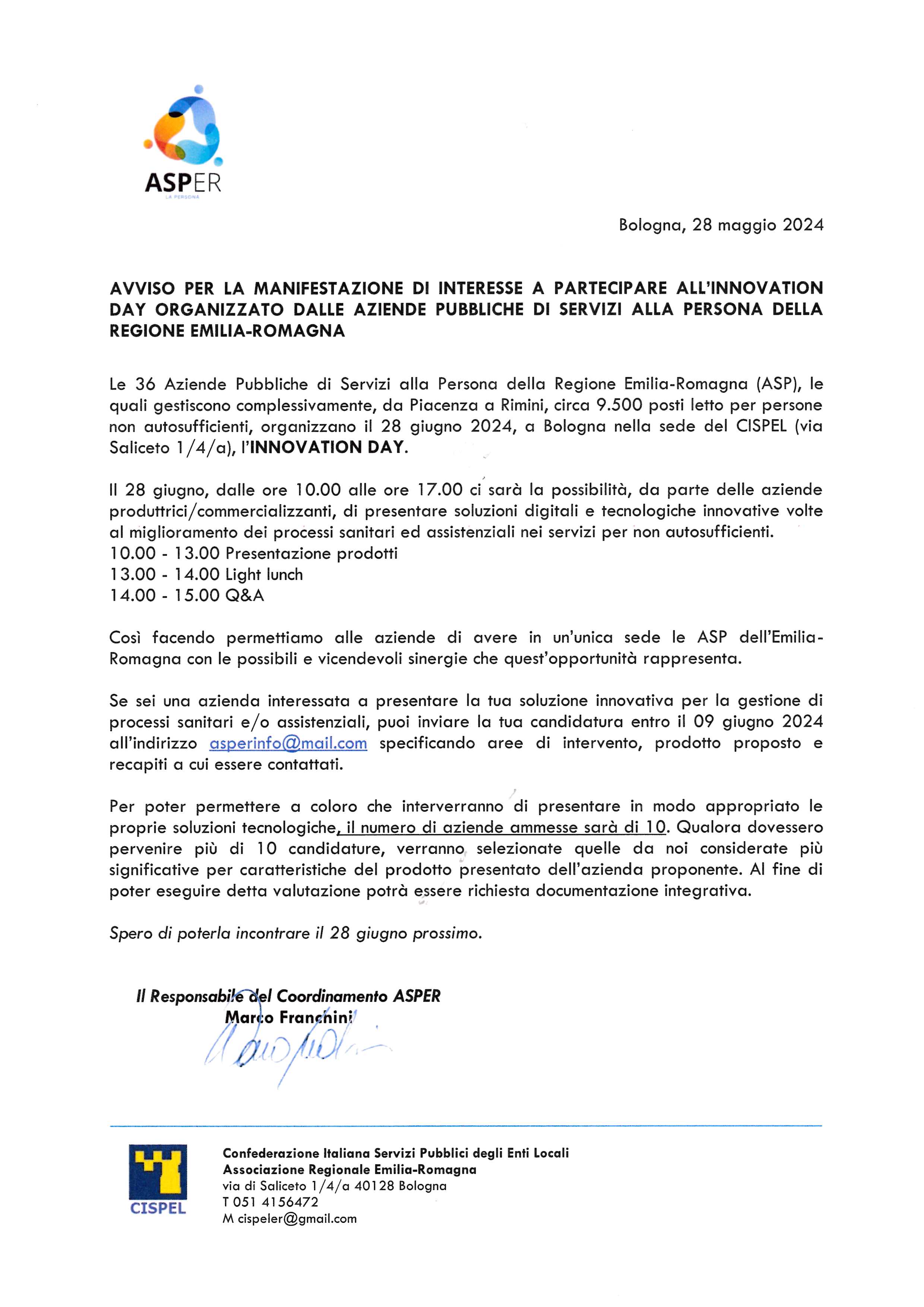 AVVISO PER LA MANIFESTAZIONE DI INTERESSE A PARTECIPARE ALL’INNOVATION DAY ORGANIZZATO DALLE AZIENDE PUBBLICHE DI SERVIZI ALLA PERSONA DELLA REGIONE EMILIA-ROMAGNA